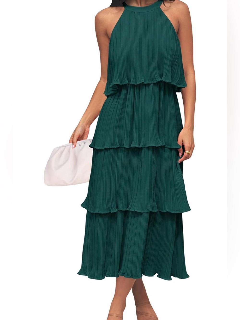 Tiered Sleeveless Pleated Midi Dress - Emerald Green